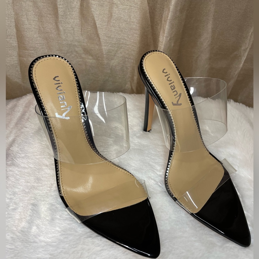 Vivianly-Clear Vinyl and Black Stilettos